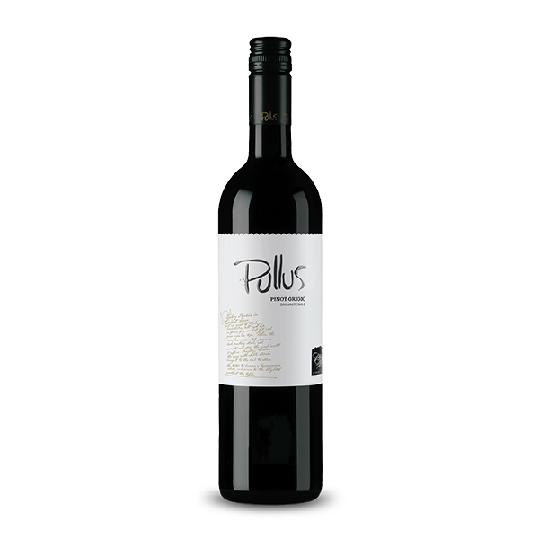 donkere fles met wit etiket Pinot Grigio pullus. Blush wijn uit Slovenie