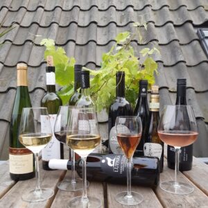 Wijnglazen en wijnflessen met rosé, witte en rode wijn op een houten tafel.